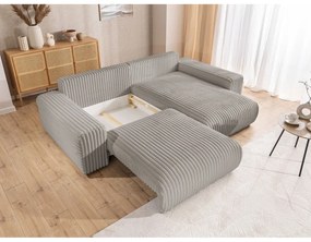 Colțar gri deschis extensibil, cu spațiu de depozitare, cu tapițerie din catifea reiată (cu colț pe partea dreaptă) Sarina – Ropez