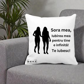 Cadou pentru Sora - Perna Personalizata Sora Mea Te Iubesc Siluete Negre Tinand Maini, 40x40 cm, Alba Mata, Husa Detasabila, Perna Inclusa, BEKZ®