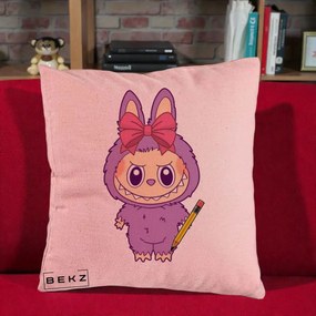 Perna Personalizata Labubu Mov cu Funda Rosie si Creion, 40x40 cm, Roz, Husa Detasabila, Perna Inclusa, BEKZ®