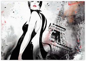Tablou pe sticlă - Doamna și Turnul Eiffel (70x50 cm)