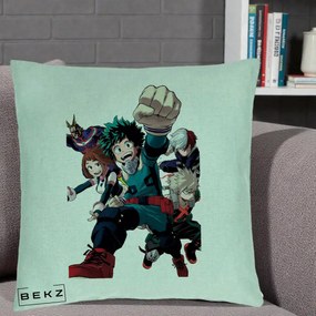 Perna Personalizata My Hero Academia Izuku Deku si Echipa, 40x40 cm, Verde Menta, Husa Detasabila, Perna Inclusa, BEKZ®