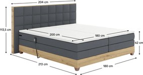 Pat electric reglabil, boxspring, gri închis/stejar artizanal, 180x200, TIANA