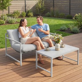 Outsunny Set mobilier de grădină exterior 2 piese, canapea cu perne, masă de cafea cu blat din sticlă securizată marmorat 3D, 125x80x64cm, gri deschis | Aosom Romania