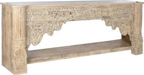 Consolă hol sculptată din lemn, natur, cu raft, friză florală, arcade polilobate și stâlpi sculptați, 91 x 233 x 47 cm, „Imperial”