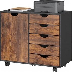 HOMCOM Mobilier de depozitare pentru birou 5 sertare 1 ușă poliță reglabilă, suport imprimantă pe roți, 78x40x66,5 cm, maro | Aosom Romania