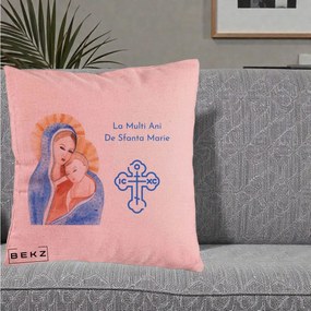 Cadou de Onomastica - Perna Personalizata Sfanta Marie Icoana Acuarela, 40x40 cm, Roz, Husa Detasabila, Perna Inclusa, BEKZ®