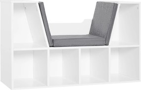 HOMCOM Bibliotecă 2 în 1 cu Perne Confortabile și 6 Compartimente, Mobilier Multifuncțional pentru Cărți și Jocuri, Raft cu 6 Cuburi pentru Sufragerie, Dormitor și Birou, 102x30x61 cm, Alb | Aosom Romania