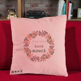 Cadou pentru Bunica - Perna Personalizata Cea Mai Buna Bunica Coronita Flori Roz, 40x40 cm, Roz, Husa Detasabila, Perna Inclusa, BEKZ®
