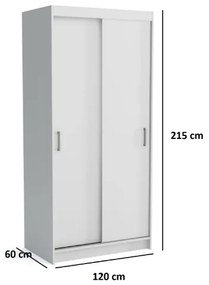 Dulap cu 2 usi glisante, 6 rafturi si bara pentru umerase, alb, 120x215x60 cm alb, 120 cm, 215 cm, 60 cm