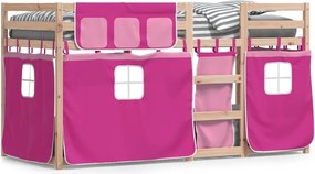 vidaXL Pat supraetajat cu perdele, roz, 75x190 cm, lemn masiv pin
