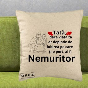 Cadou pentru Tata - Perna Personalizata Tata Nemuritor Baietel, 40x40 cm, Bej, Husa Detasabila, Perna Inclusa, BEKZ®