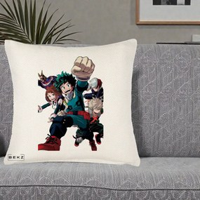 Perna Personalizata My Hero Academia Izuku Deku si Echipa, 40x40 cm, Crem Reliefat, Husa Detasabila, Perna Inclusa, BEKZ®