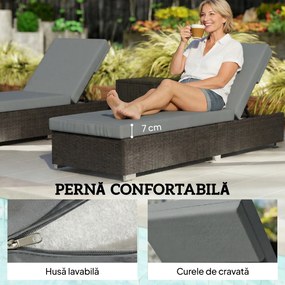 Outsunny Set 2 Șezlonguri de Grădină din Ratan cu Măsuță Laterală și Spătar Reglabil, 184x60x22 cm, Gri Închis | Aosom Romania