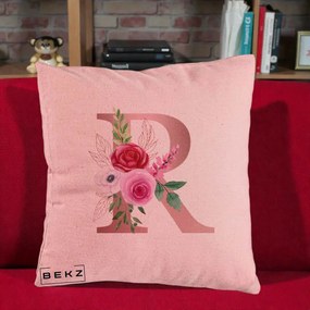 Cadou Personalizat - Perna Personalizata Monograma Rose Gold Litera R, 40x40 cm, Roz, Husa Detasabila, Perna Inclusa, BEKZ®