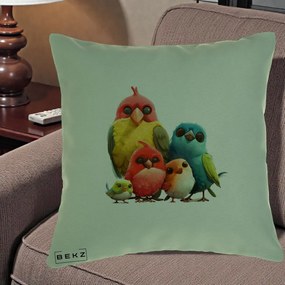 Perna Decorativa Familie de Pasarele Colorate, 40x40 cm, Verde, Husa Detasabila, Perna Inclusa, BEKZ®