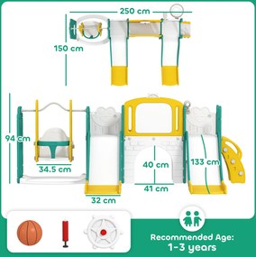 AIYAPLAY Set de topire și leagăn 9 în 1 pentru Copii, cu Coș de Baschet, Telescop, Tablă de Desen, Design de Broască, Galben+Verde | Aosom Romania