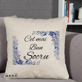 Cadou pentru Socru - Perna Personalizata Cel mai Bun Socru cu Flori Albastre Acuarela, 40x40 cm, Bej Canapea, Husa Detasabila, Perna Inclusa, BEKZ®