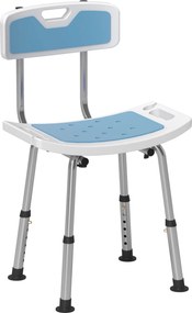 HOMCOM Scaun de Duș din Aluminiu și EVA, Reglabil pe 6 Niveluri, cu Spătar Curbat, 51,5x49,5x68,5-81 cm, Albastru Deschis și Alb | Aosom Romania