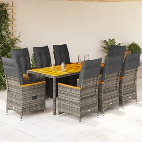 vidaXL Set bistro de grădină cu perne, 9 piese, gri, poliratan
