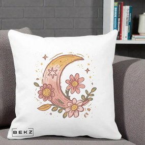 Perna Decorativa Luna Florala Boho, 40x40 cm, Alba Mata, Husa Detasabila, Perna Inclusa, BEKZ®