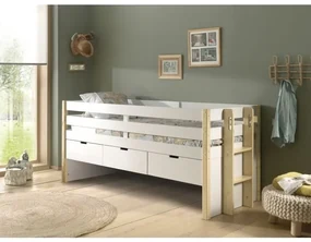 Pat pentru copii MARGRIT, 90 x 200 cm, alb cu tonuri naturale, cu 3 sertare pentru depozitare – Vipack