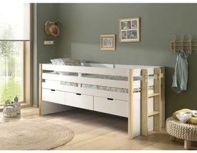 Pat pentru copii MARGRIT, 90 x 200 cm, alb cu tonuri naturale, cu 3 sertare pentru depozitare – Vipack