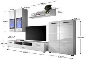 Mobilier perete living, alb extra lucios HG, ARCTIC