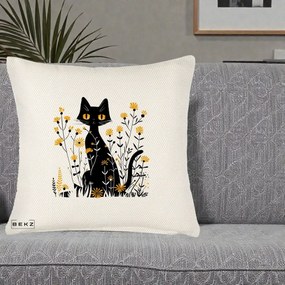 Perna Decorativa Pisica Neagra Ochi Galbeni Flori Galbene, 40x40 cm, Crem Reliefat, Husa Detasabila, Perna Inclusa, BEKZ®