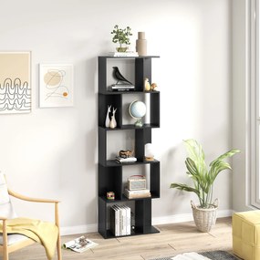 HOMCOM Bibliotecă cu 5 Rafturi Divizate în Formă de S din Lemn, 60x24x184.5 cm, Negru | Aosom Romania