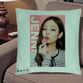 Perna Personalizata K-pop BLACKPINK Jennie cu Semnatura si Fond Roz, 40x40 cm, Verde Menta, Husa Detasabila, Perna Inclusa, BEKZ®