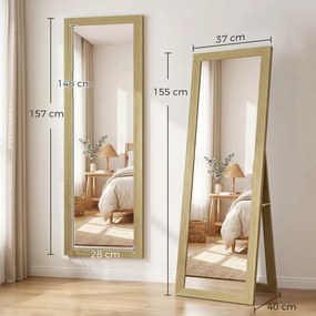 HOMCOM Oglindă cu Ramă din MDF, Picioare și Cârlige pentru Utilizare pe Podea sau pe Perete, 37x40x155 cm, Lemn Natural | Aosom Romania