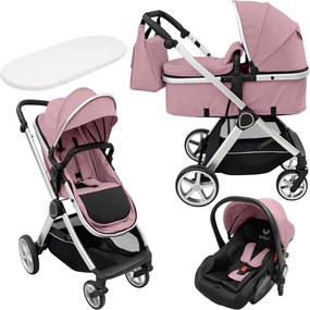 Carucior copii 3 in 1 Kidizi Moveo roz, landou transformabil in parte sport, scoica auto R129, cadru silver, pana la 22 kg (0–4 ani), saltea si geanta incluse