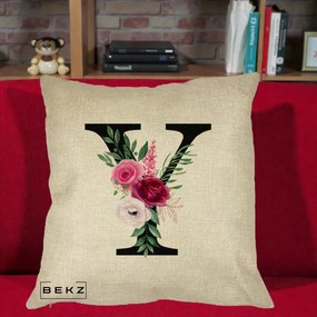 Cadou Personalizat - Perna Personalizata Monograma Florala Litera Y cu Buchet, 40x40 cm, Crem, Husa Detasabila, Perna Inclusa, BEKZ®