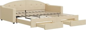 vidaXL Pat de zi cu extensie și sertare, crem, 100x200 cm, textil