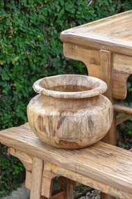 Vază decorativă tip bol, stil natural rustic, culoare natur, din lemn de tec, „Teak”