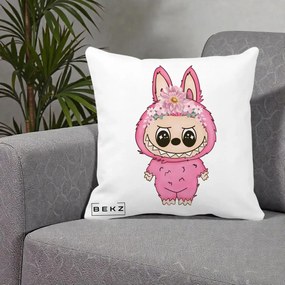 Perna Personalizata Labubu Roz cu Coroana Florala, 40x40 cm, Alba Mata, Husa Detasabila, Perna Inclusa, BEKZ®