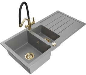Mexen Andres Chiuvetă de granit de 1,5 compartiment cu picurător și baterie de bucătărie Duo, Gri - 6515-71-671701-57-G