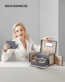 Cutie de bijuterii, Songmics, Gri, 26x18x17 cm