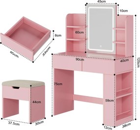 Masuta machiaj cu Oglinda LED si 2 Sertare pentru Cosmetice, Set Masa toaleta 90 cm, Alb / Negru / Roz, masuta cosmetica, vanity - SER203