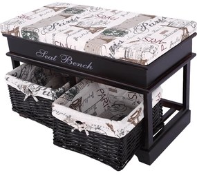 Bancă cu pernă, 2 coşuri de răchită, maro închis/bej/imprimeu, SEAT BENCH 3