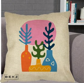 Perna Decorativa Vaze Botanice Abstract, 40x40 cm, Crem, Husa Detasabila, Perna Inclusa, BEKZ®