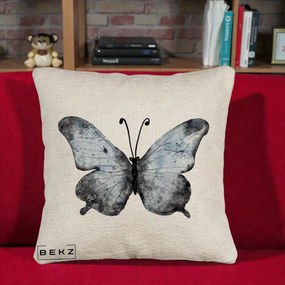 Perna Decorativa Fluture Acuarela Albastru-Gri, 40x40 cm, Bej Canapea, Husa Detasabila, Perna Inclusa, BEKZ®