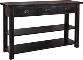 Consolă hol vintage din lemn de pin, negru, cu 3 sertare, 2 rafturi și mânere semirotunde din metal, 90 x 146 x 47 cm, „Paris”