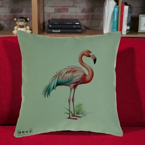 Perna Decorativa Flamingo Roz cu Pene Teal, 40x40 cm, Verde, Husa Detasabila, Perna Inclusa, BEKZ®