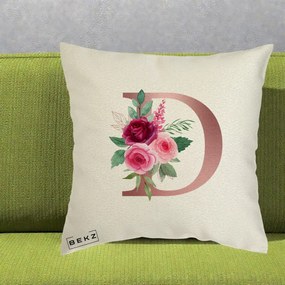 Cadou Personalizat - Perna Personalizata Monograma Rose Gold Litera D, 40x40 cm, Ecru, Husa Detasabila, Perna Inclusa, BEKZ®