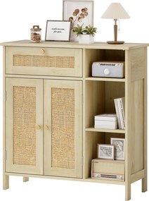 HOMCOM Bufet, mobilier de depozitare, 2 uși din ratan, sertar, nișe deschise, polițe reglabile, 75x30x79,5cm, lemn natural | Aosom Romania