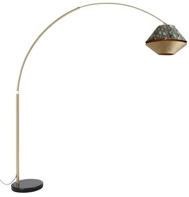 Booglamp messing met dubbele velours kap blad dessin en beige - XXL