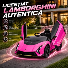 AIYAPLAY Mașină Electrică pentru Copii 3-6 Ani 12V Lamborghini Autentica, 2 Motoare, Uși Tip Foarfecă, Suspensii, Roz | Aosom Romania