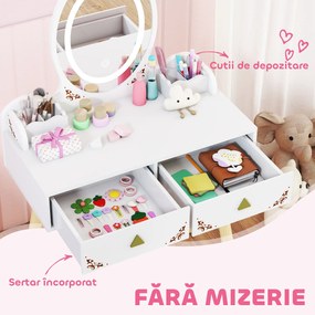 AIYAPLAY Set Măsuță și Scaun pentru Copii cu Oglindă cu Lumini LED în 3 Culori, Sertar, Cutii de Depozitare, pentru 3+ Ani, Alb | Aosom Romania