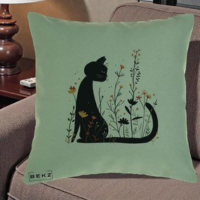 Perna Decorativa Pisica Neagra Flori Portocalii Silueta, 40x40 cm, Verde, Husa Detasabila, Perna Inclusa, BEKZ®